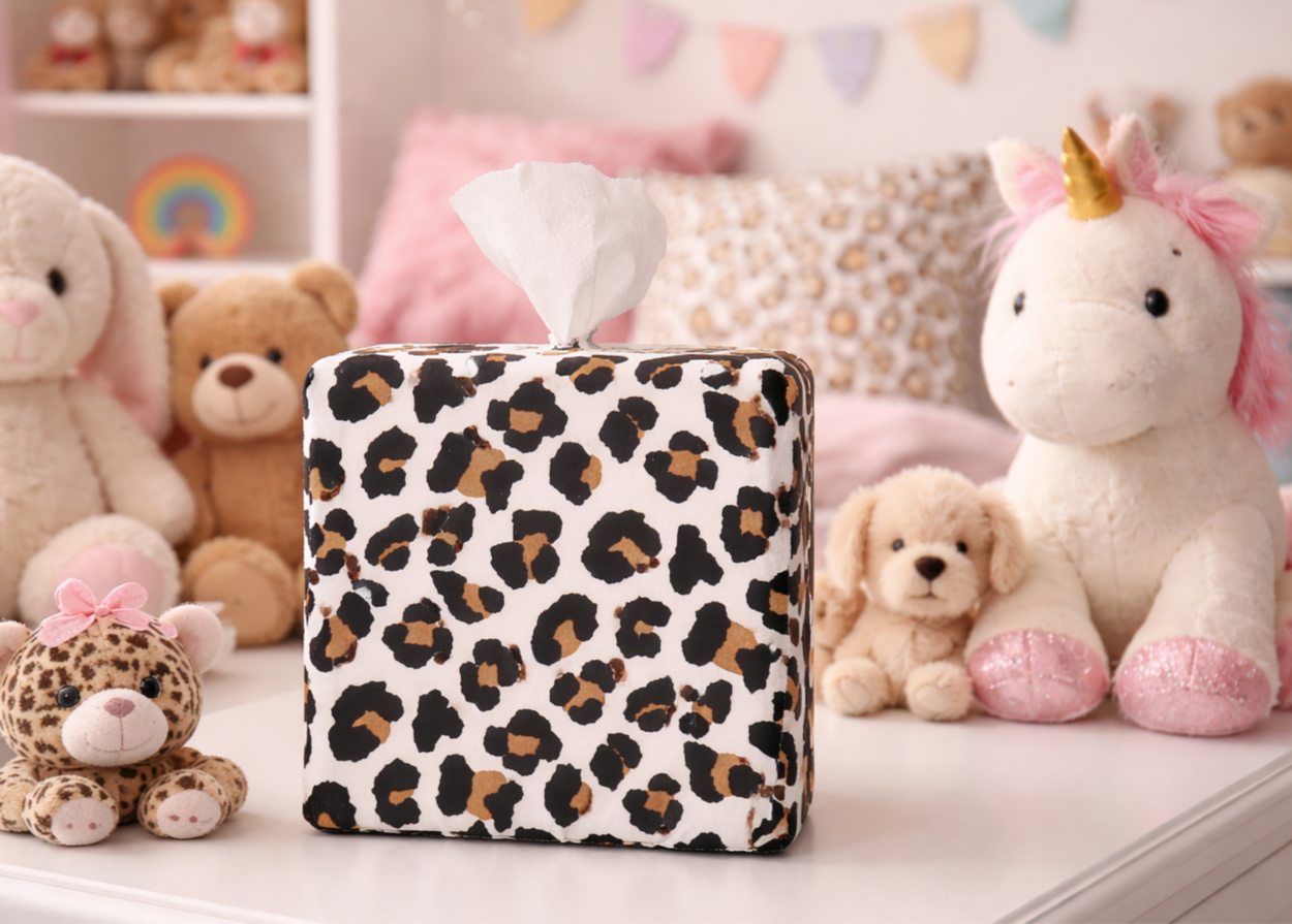 Modern Leopard print AchooBox on a dresser with stuffed animals