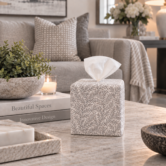 Harbor Mist Leaf AchooBox Core Set sits has a light gray leaf pattern with a white background. It sits on a marble coffee table in a styled living room setting.