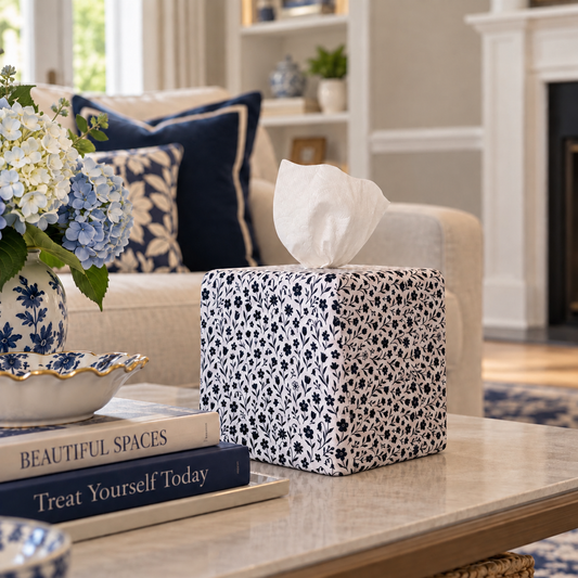 Midnight Bloom AchooBox Core Set has a navy blue floral pattern on a white background. It sits on a light wood coffee table in a beautifully styled living room.
