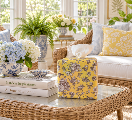 Buttercup Garden Toile AchooBox - yellow with brown and white flowers sitting on a coffee table in a sunroom.