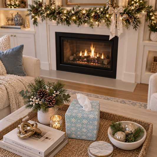 Winter Snow AchooBox sitting on woven coffee table in winter setting. Fireplace in background with Christmas Garland