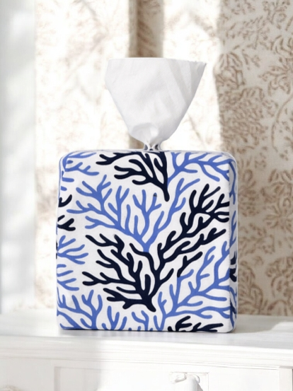 Cape Cod Coral AchooBox Rolled Tissue Dispenser on white dresser with tan and white walllpaper in the background