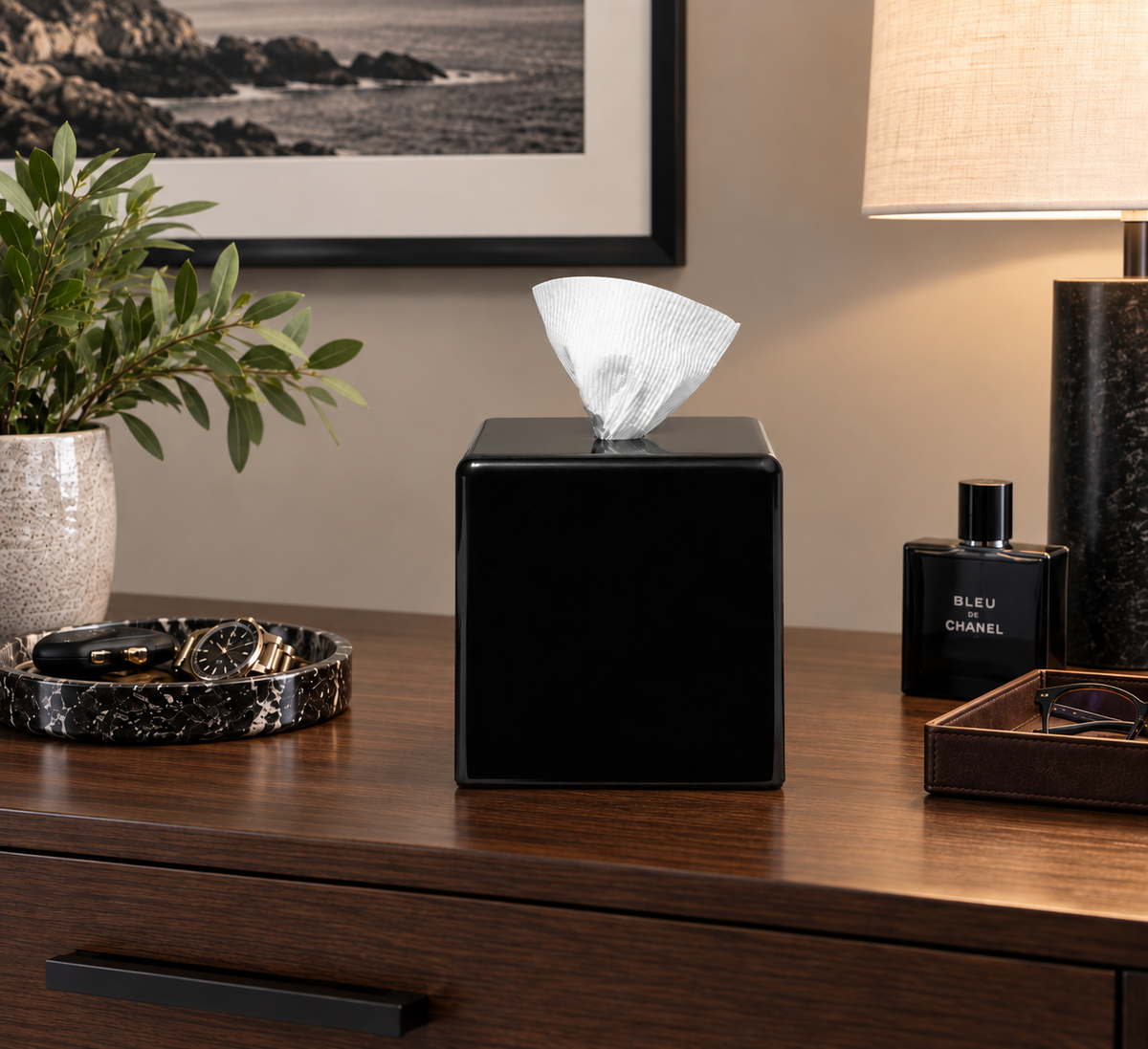 AchooBox in Bold Black is a glossy black tissue box that dispenses your favorite bath tissue. It's styled on a wooden dresser alongside a framed print, lamp, perfume bottle, and other decor.