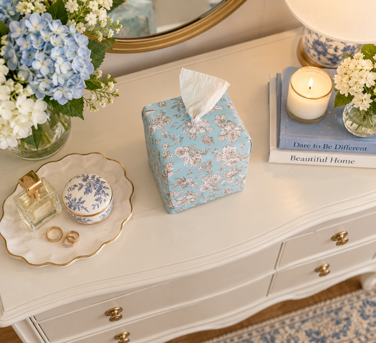 Surf Spray Garden Toile AchooBox Designer Tissue Dispenser aerial view from a night stand. Dispenses rolled tissue/toilet paper.