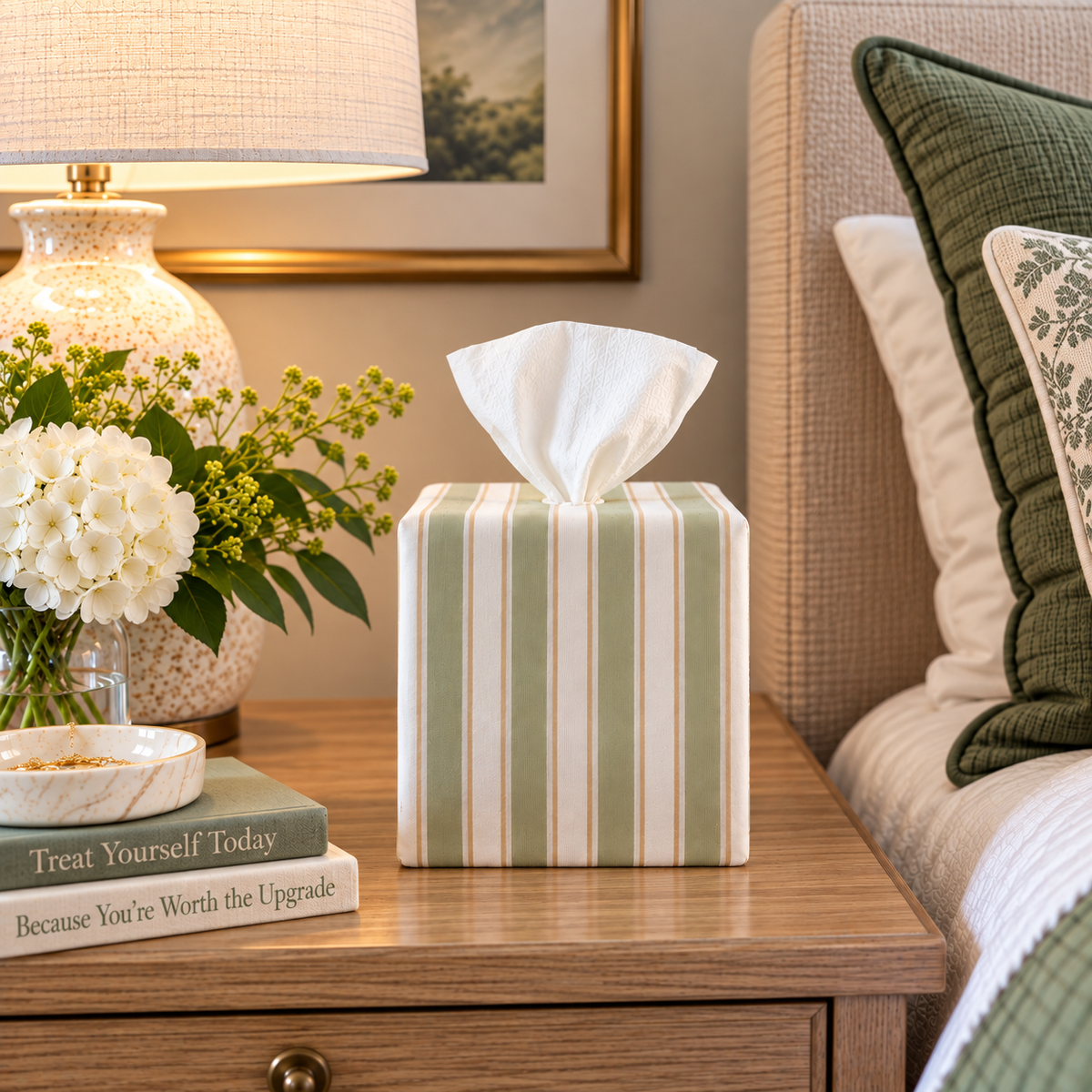 AchooBox with Arbor Leaf cover has vertical sage green, cream, and white stripes. It sits on a wooden bedside table next to a lamp, flowers, and a bed with green pillows.