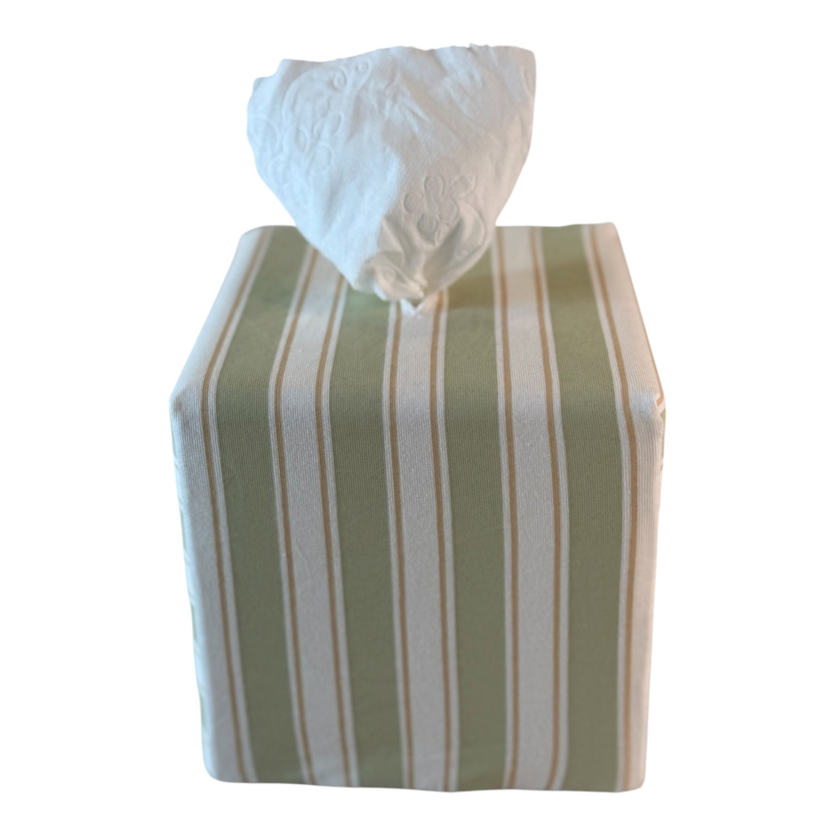 Arbor Stripe AchooBox with vertical stripes in sage green, cream, and thin tan lines, with white tissue paper from the bath tissue enclosed protruding from the top, isolated on a white background. 