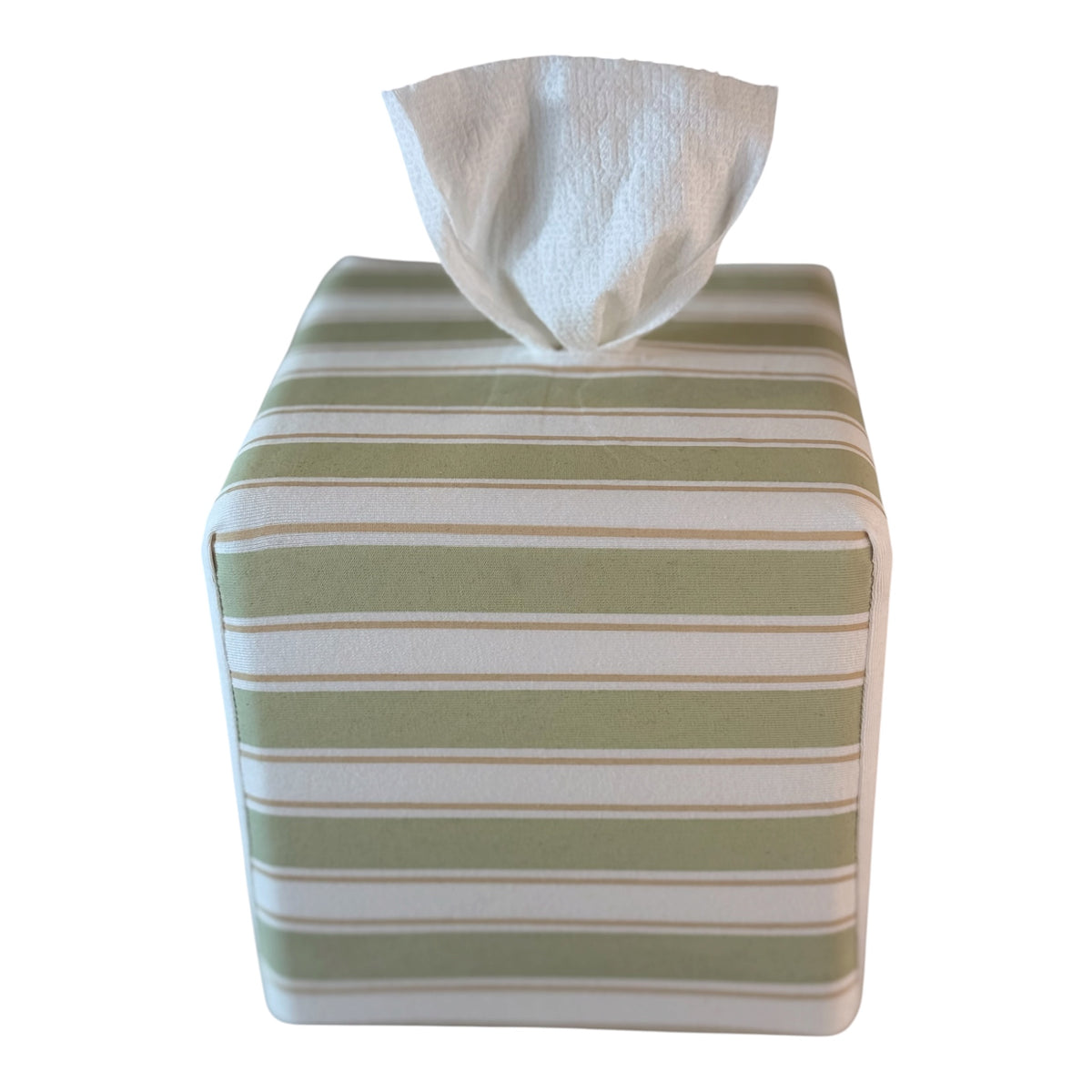 Arbor Stripe Achoobox has a striped pattern of sage green, white, and thin tan lines, with a white tissue paper protruding from the top, isolated on a white background. Showing horizontal stripe side.