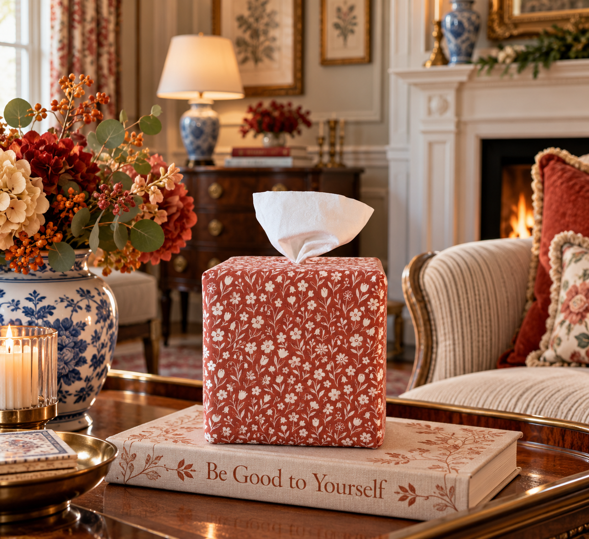 Rooibos Tea Bloom is a designer tissue dispenser by AchooBox that dispenses rolled tissue. Sitting in beautiful room with teracotta/burnt orange Rooibos tea accents. On faux book Be Good to Yourself. Box sits on a coffee table next to a white vase with blue flowers on it, matching rooibos shade flowers in the vase.