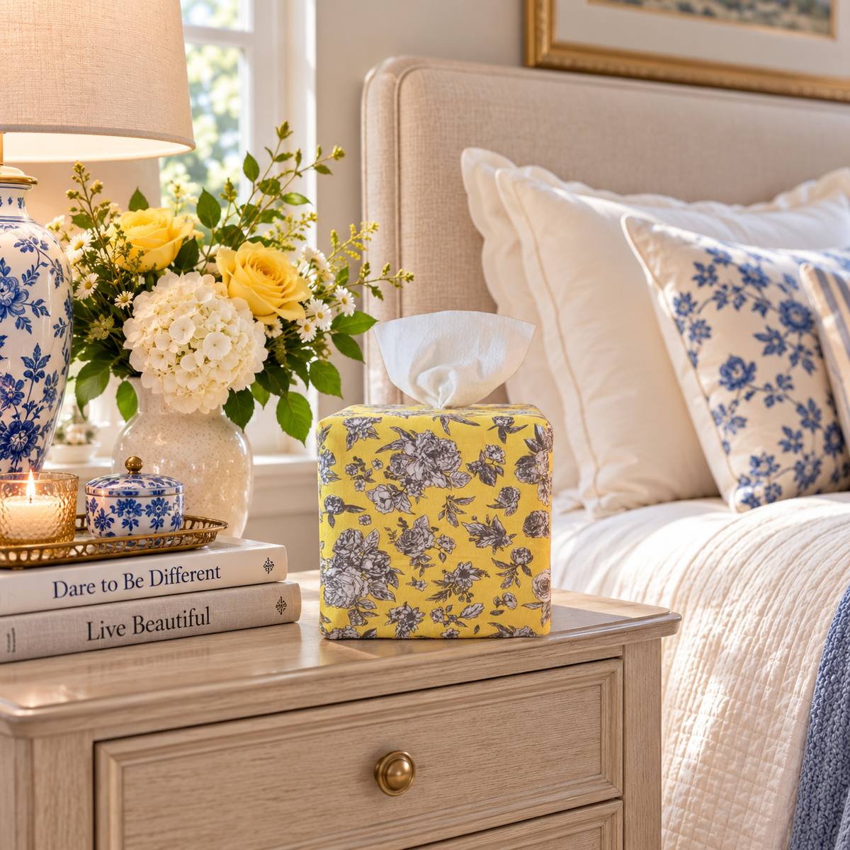 AchooBox Rolled Tissue Dispenser in Buttercup Garden Toile with bath tissue coming out of the top in cozy bedroom