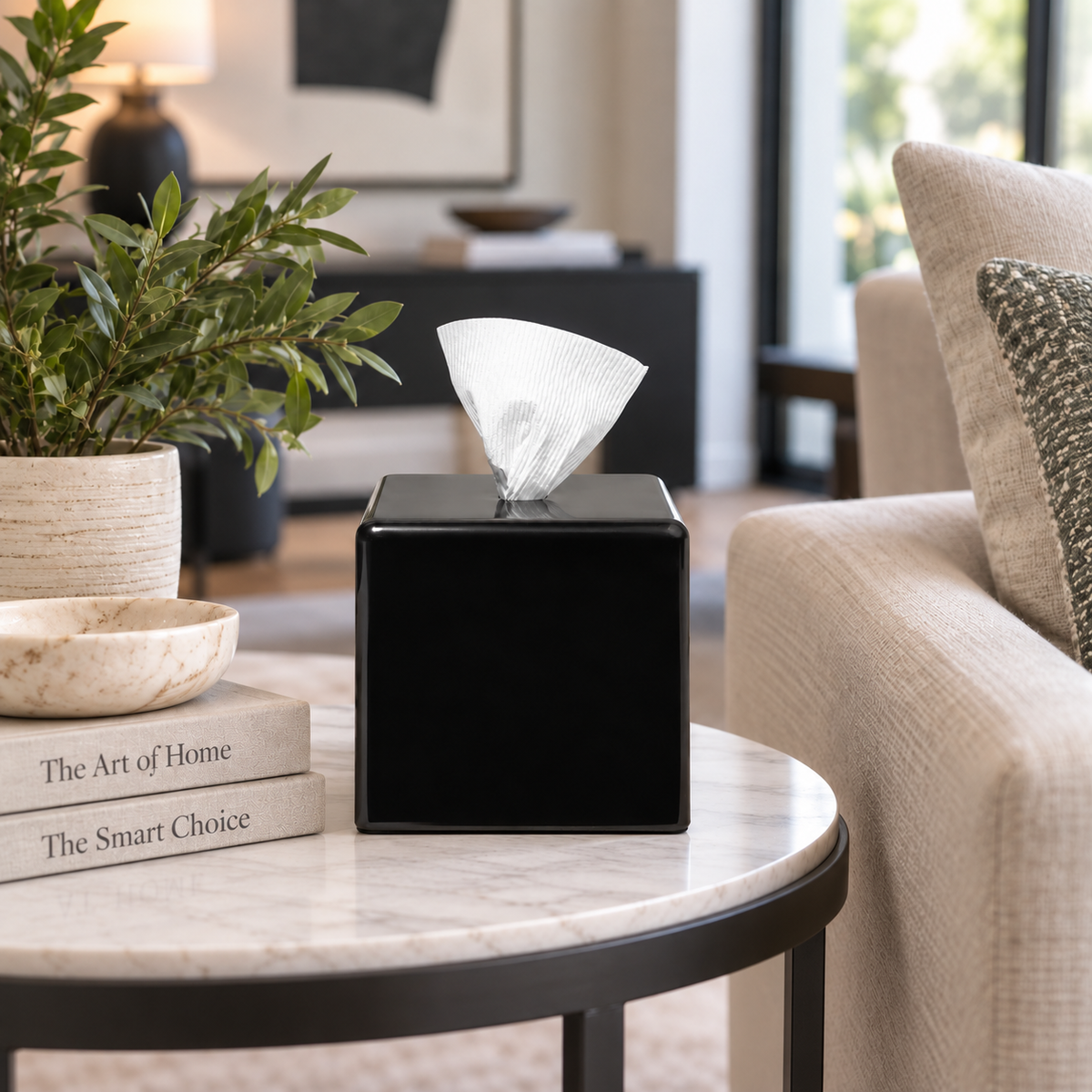 Bold black achoobox sitting on a side table in living room