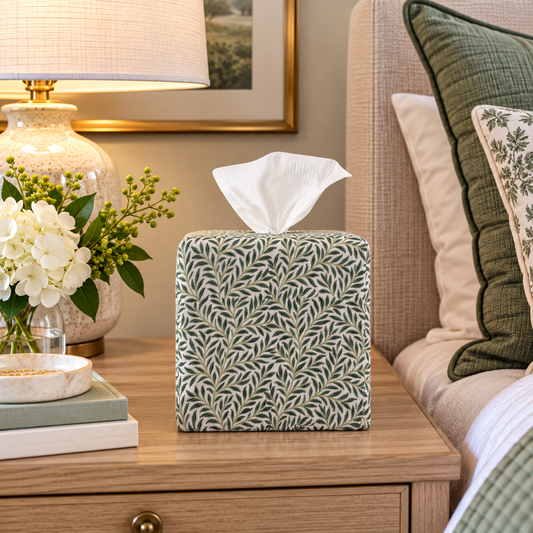 An AchooBox with Botanical Green Leaf AchooCover sits on a wooden bedside table in a cozy bedroom setting, with a lamp, flowers, and pillows visible around it.