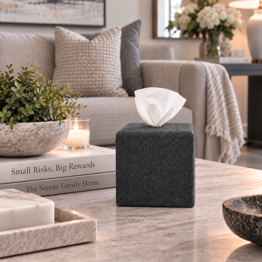 Charcoal AchooBox sitting on a coffee table in a gray themed living room 