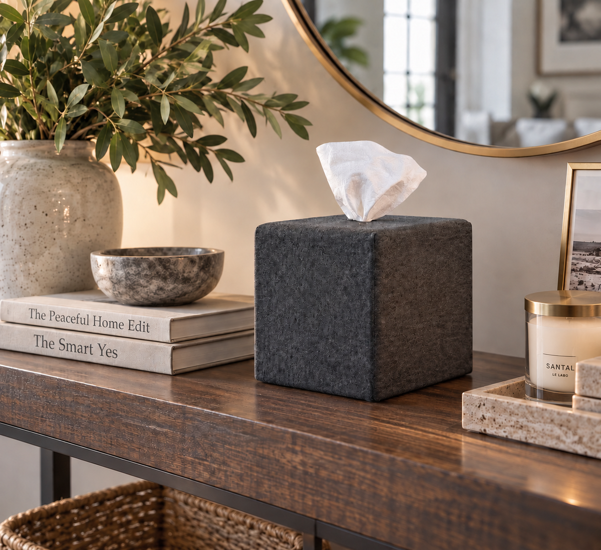 AchooBox Core Set featuring charcoal achoocover sitting on a dark wood console table