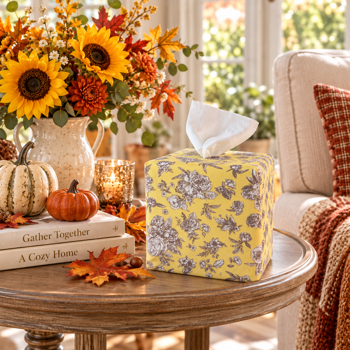Surf Spray Gray Garden Toile AchooBox designer tissue dispenser on round side table with beautiful autumn decorations. 