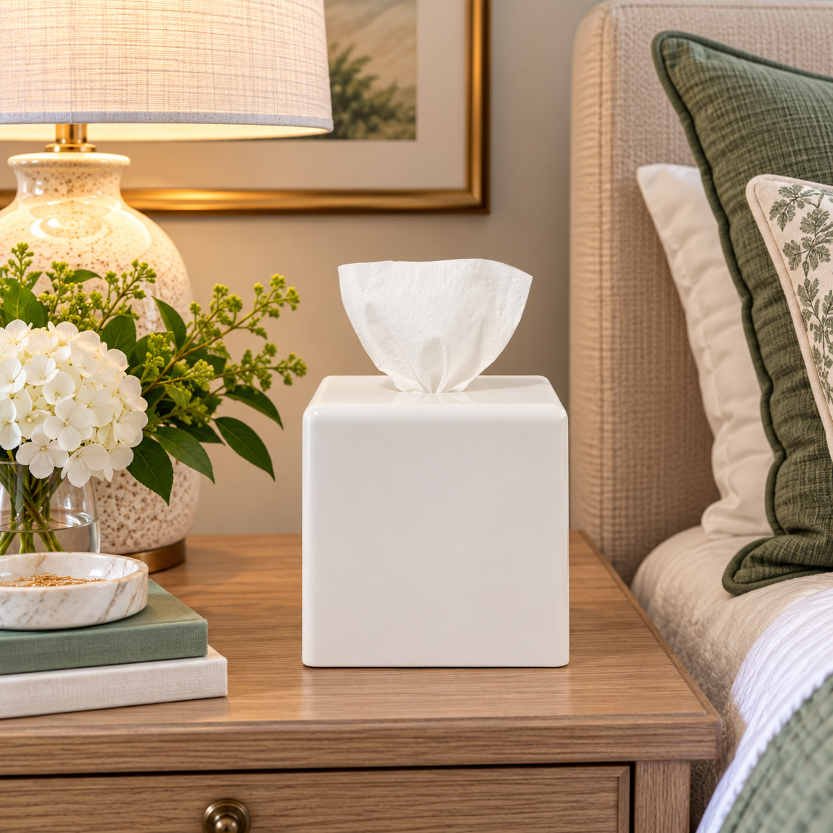 White AchooBox Rolled Tissue Dispenser on nightstand in bedroom with green accent colors. White bath tissue coming out the box