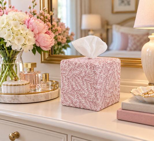 Soft Rose Leaf AchooBox rolled tissue dispenser has a white base and leaf pattern in two shades of pink. It sits on a white vanity table in a beautifully decorated bedroom setting, surrounded by flowers, perfume bottles, books, and a lamp.