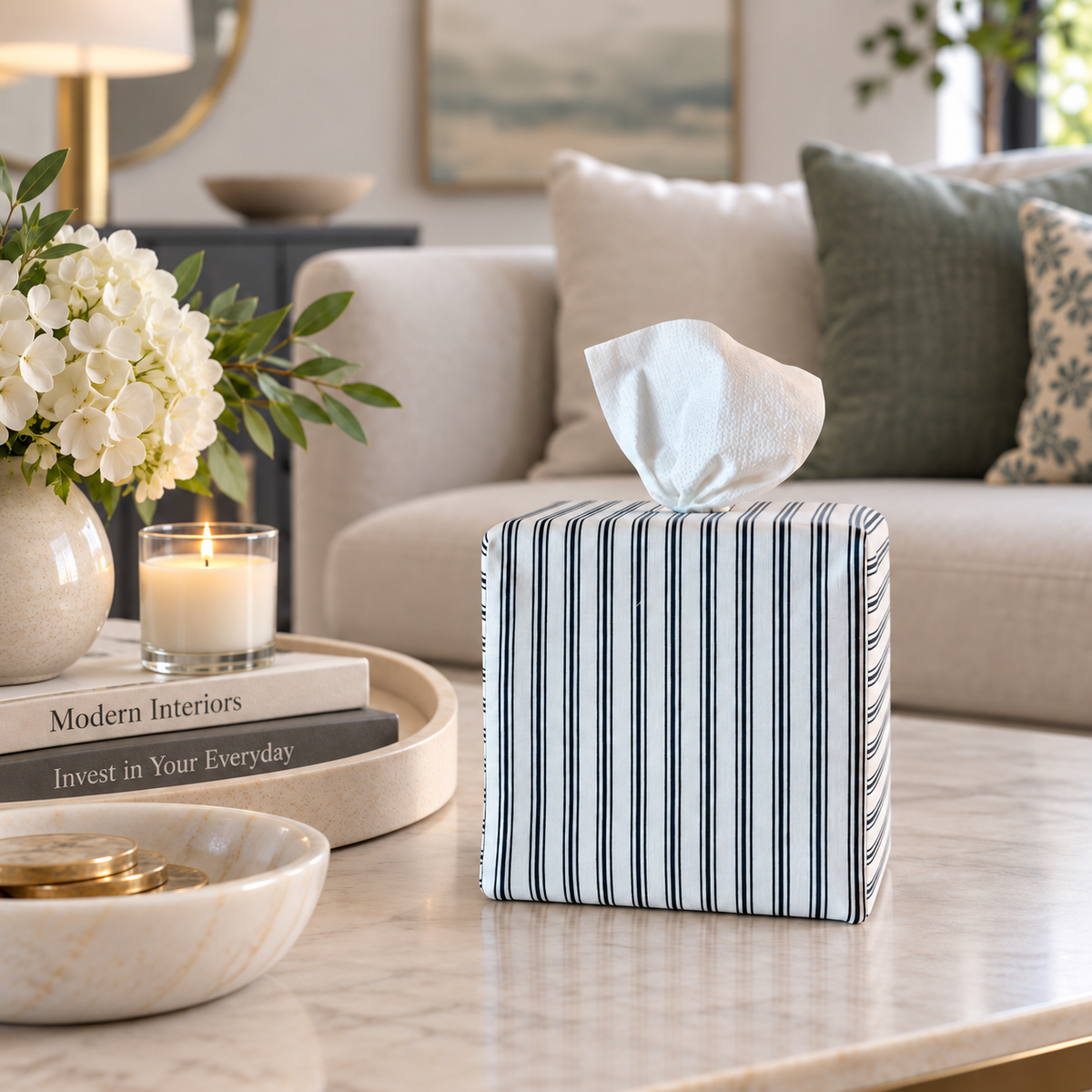 An AchooBox with Estate Stripe AchooCover that's got a white background with black pinstripes that look like ticking stripe. Sitting on a coffee table.