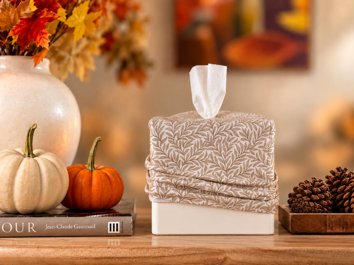 Natural Linen Leaf AchooBox with Cover Partially Onin Autumn Setting