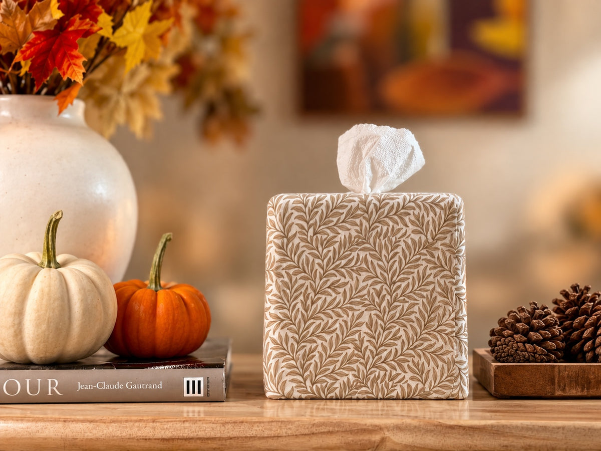 Natural Line Leaf AchooBox on Fall Decorated console table - tan and beige leaves on white background
