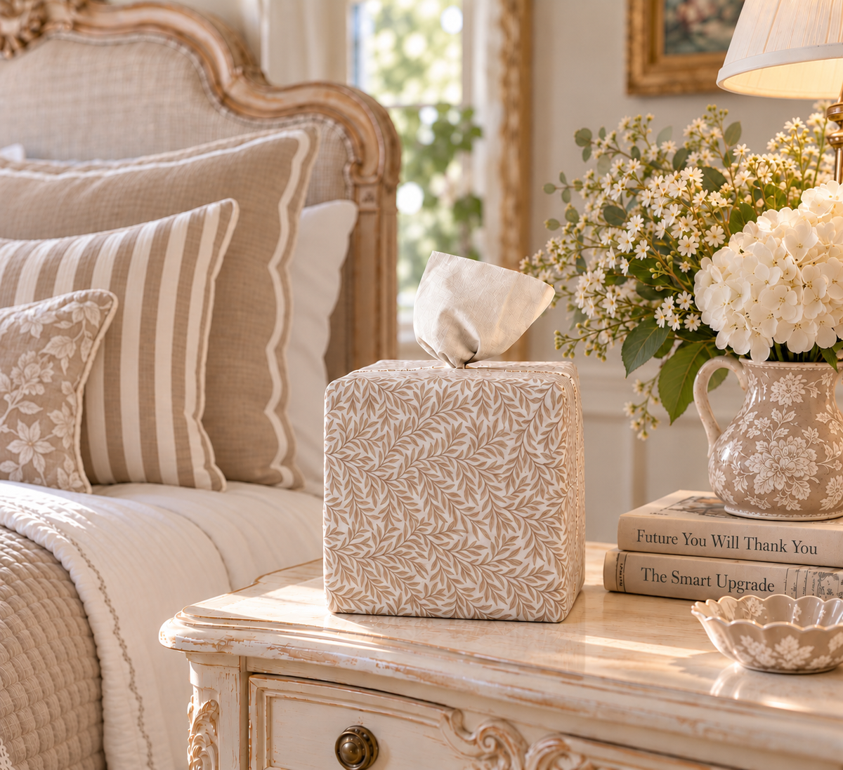 Natural Linen Leaf AchooBox on a distressed nightstand in a neutral bedroom