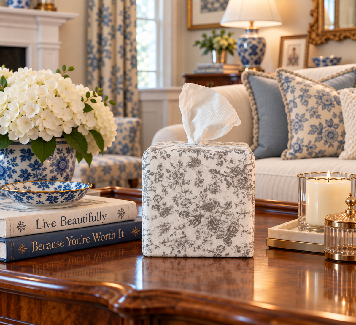 Parisian Slate AchooBox Core Set on a coffee table in a beautiful living room with blue throw pillows on a white couch and books Live Beautifully and Because You're Worth It