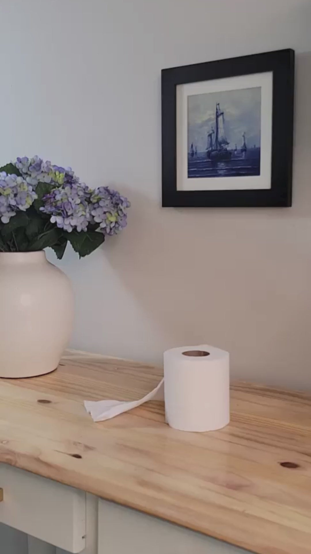 Video showing a roll of toilet paper on a console table. A woman loads it into a white AchooBox and then puts a Cape Cod Coral cover on it.