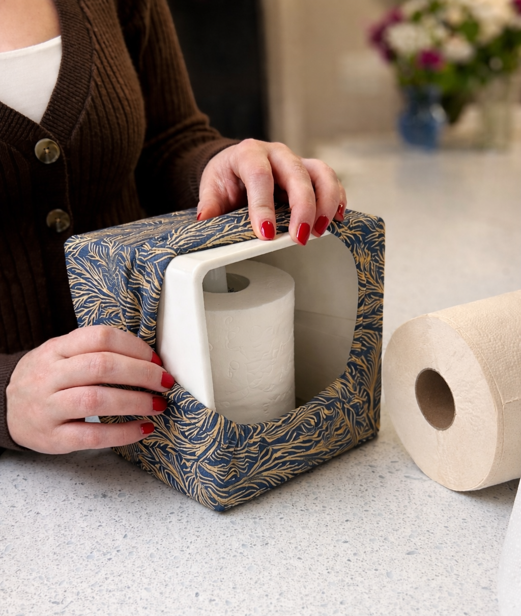 Woman pulling back South Shore Seagrass AchooCover over a brilliant white AchooBox to show the roll of tissue inside. An unbleached roll of bamboo bath tissue sits beside it.