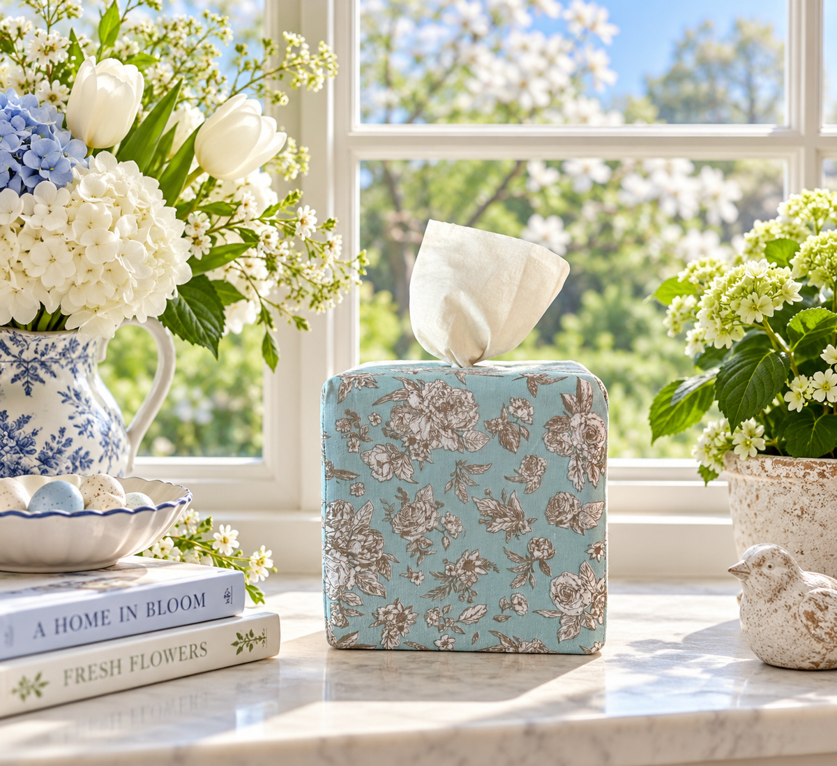 AchooBox in Surf Spray Garden Toile in a beautiful window sill next to books with hydrangeas and white tulips 