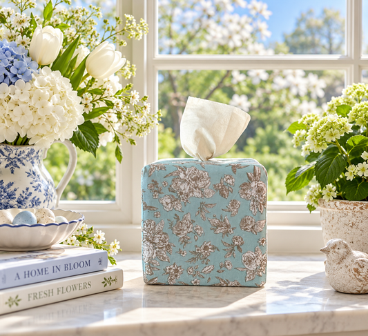 AchooBox in Surf Spray Garden Toile in a beautiful window sill next to books with hydrangeas and white tulips 