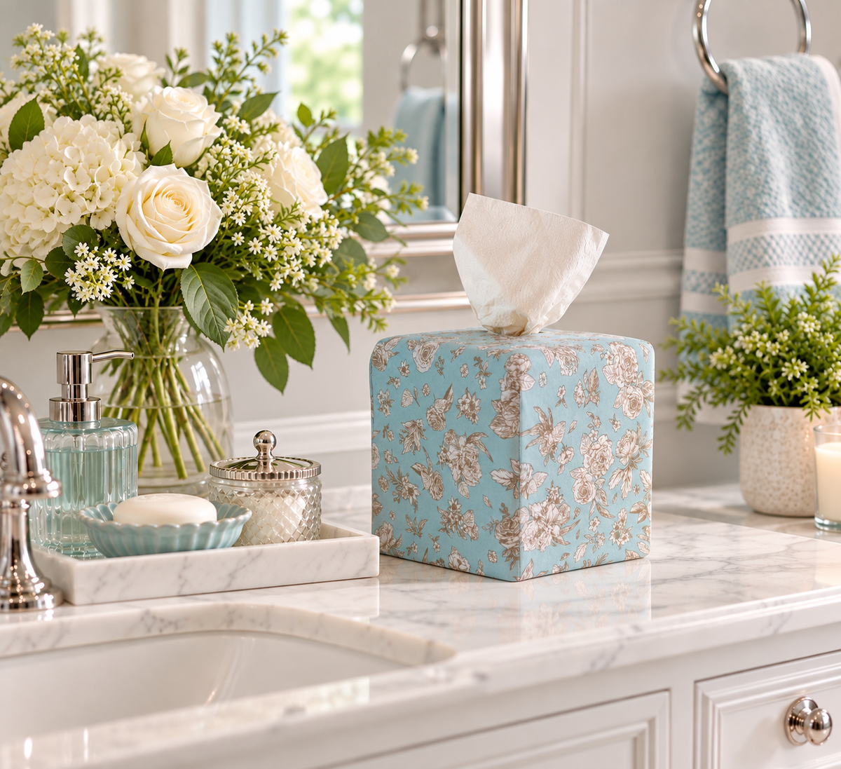 Surf Spray Garden Toile AchooBox Designer Tissue Dispenser dispenses any type of bath tissue. Image on a sink in bathroom with aqua towel, soap pump, and soap dish