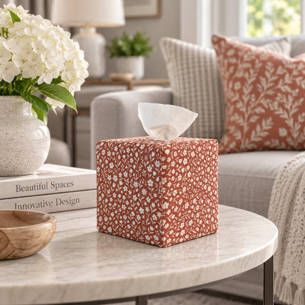 Rooibos Tea Bloom corner view with tissue coming out the top. sitting on a round coffee table with coordinating throw pillow on sofa in background. Rooibos Tea Bloom AchooBox has ditsy floral pattern in off white.