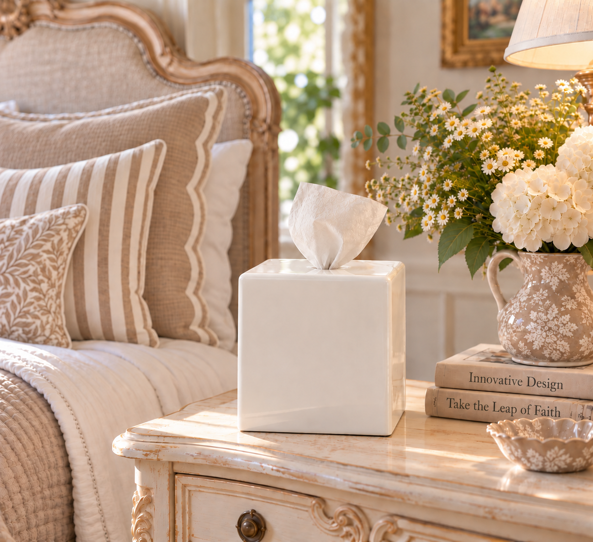 A white achoobox rolled tissue dispenser sits on an off-white distressed nightstand next to a bed with beige and white pillows