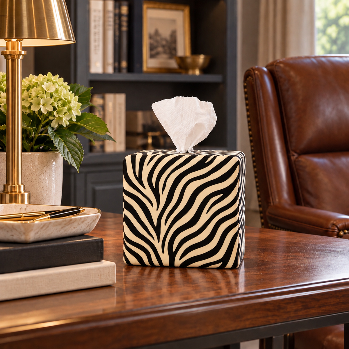 Zebra Zen AchooBox Core set on desk in den next to brown leather chair.